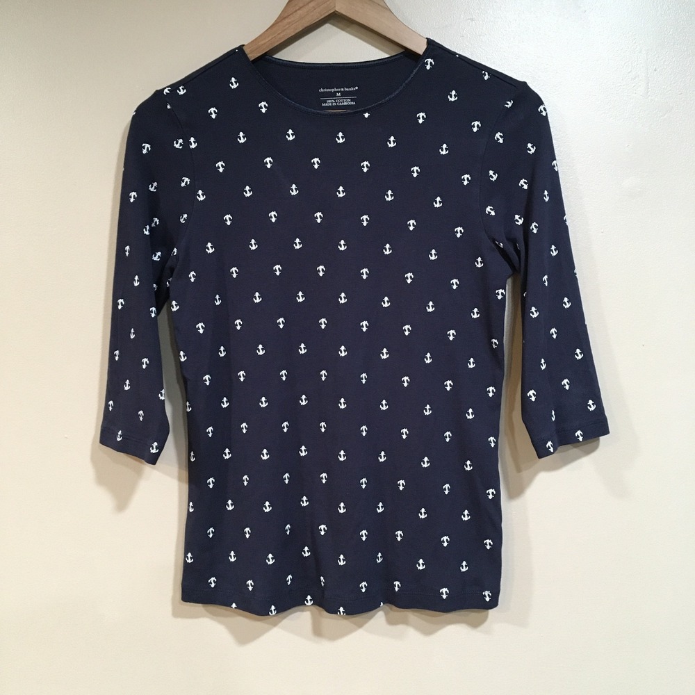 Christopher & Banks Anchor Print 3/4 Sleeve Top Womens M Navy White Nautical